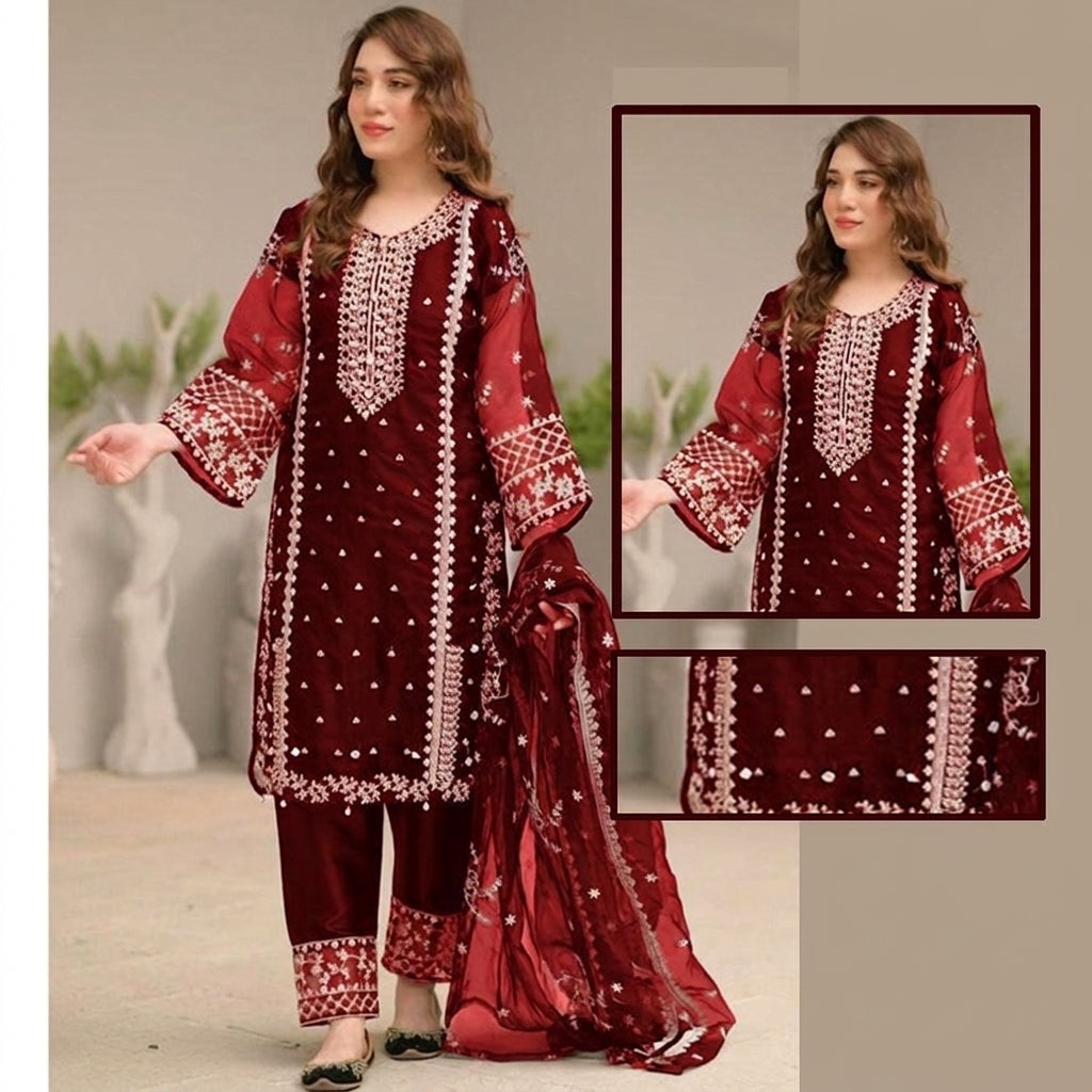 Silk Cotton Stitched 3 Piece Suit (LS)