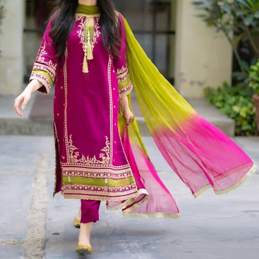 Silk Cotton Stitched 3 Piece Suit (LS)